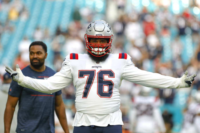 Jan 9, 2022; New England Patriots offensive tackle Isaiah Wynn (76). Mandatory Credit: Sam Navarro-USA TODAY